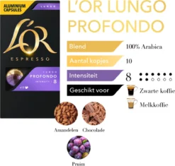 L'OR Lungo Profondo Koffiecups - Intensiteit 8/12 - 10 X 10 Capsules -Koffie Korting Winkel 1200x1140