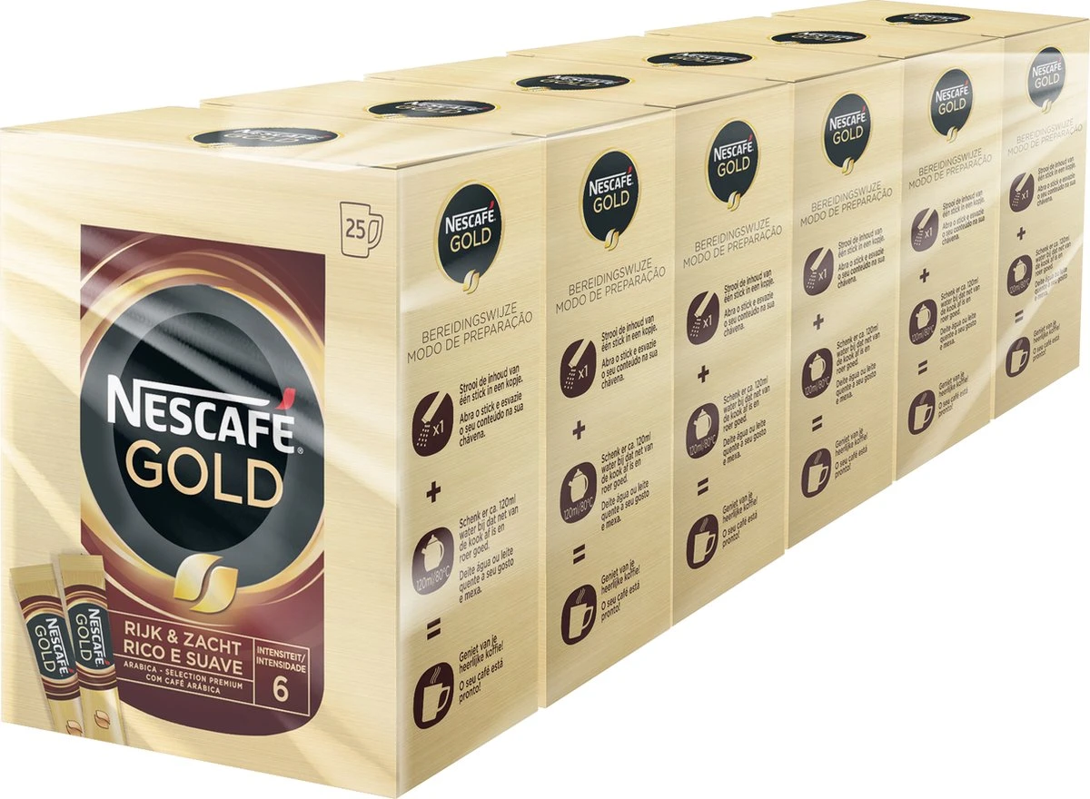 Nescafé Gold Oploskoffie - 6 Doosjes à 25 Zakjes 1 Nescafé Gold Oploskoffie - 6 Doosjes à 25 Zakjes