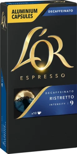 L'OR Espresso Ristretto Decaffeinato - Intensiteit 9/12 - 10 X 10 Capsules -Koffie Korting Winkel 603x1200